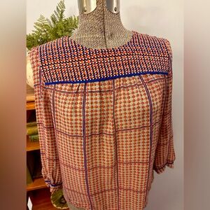 Retro Madewell 100% SILK Blouse Geometric Print Top - Blue and Orange Small